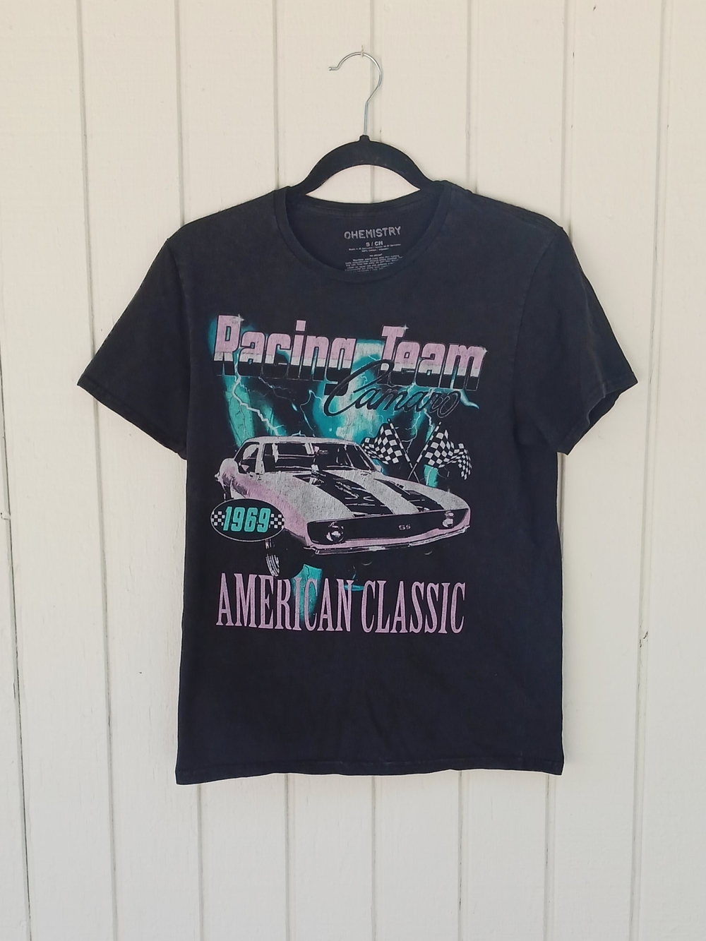 Chemistry Black Graphic 'Racing Team' Tee with Turquoise & Pink Accents